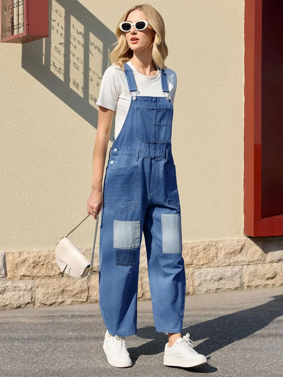 Tankaneo Womens Baggy Denim Overalls Patchwork Wide Leg Adjustable Strap Jumpsuits Casual Bib Cotton Barrel Jeans Outfits