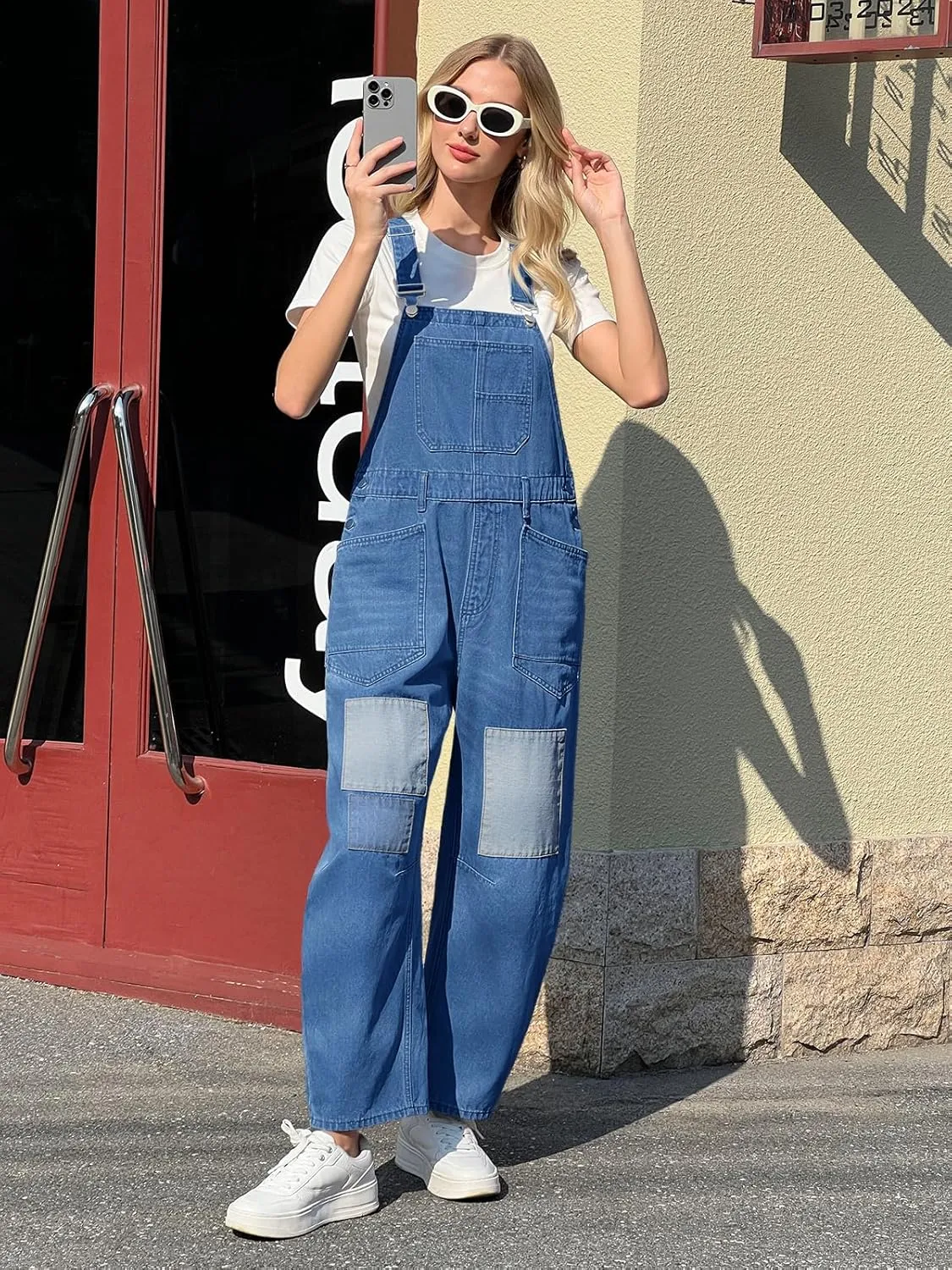 Tankaneo Womens Baggy Denim Overalls Patchwork Wide Leg Adjustable Strap Jumpsuits Casual Bib Cotton Barrel Jeans Outfits