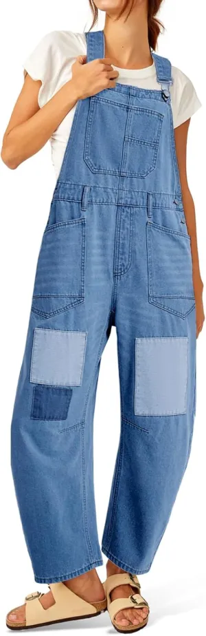 Tankaneo Womens Baggy Denim Overalls Patchwork Wide Leg Adjustable Strap Jumpsuits Casual Bib Cotton Barrel Jeans Outfits