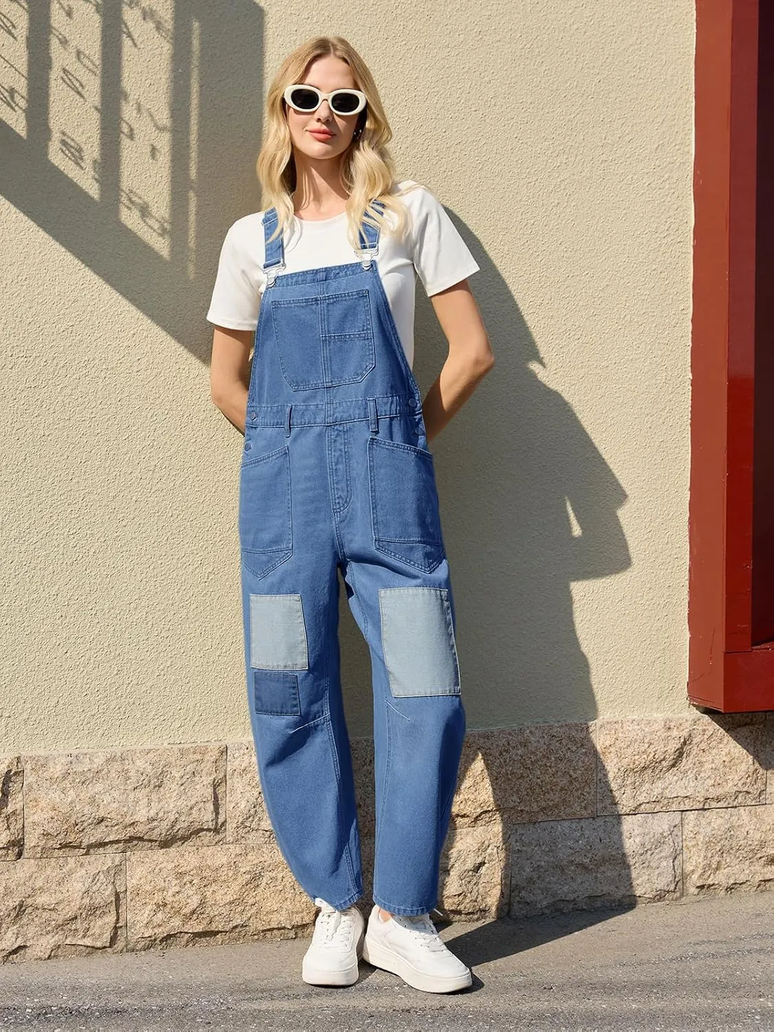 Tankaneo Womens Baggy Denim Overalls Patchwork Wide Leg Adjustable Strap Jumpsuits Casual Bib Cotton Barrel Jeans Outfits