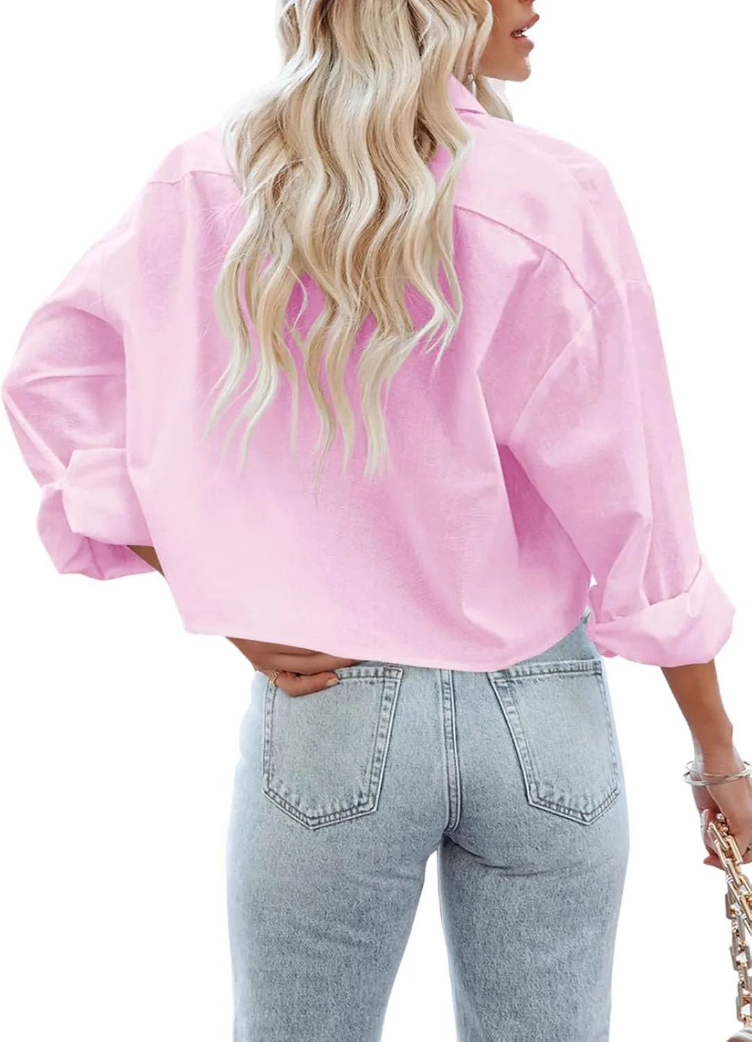Tankaneo Womens Button Down Cropped Shirts Long Sleeve Casual Crop Tops Solid Lapel Blouse Shirt with Chest Pocket