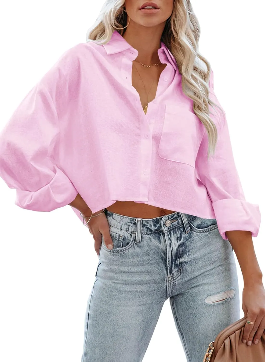 Tankaneo Womens Button Down Cropped Shirts Long Sleeve Casual Crop Tops Solid Lapel Blouse Shirt with Chest Pocket
