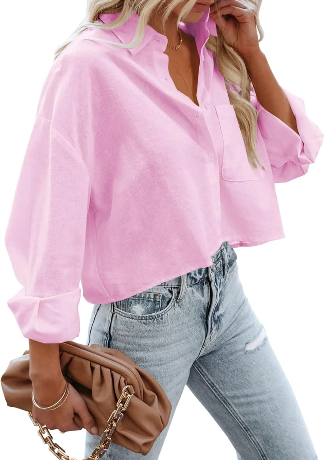 Tankaneo Womens Button Down Cropped Shirts Long Sleeve Casual Crop Tops Solid Lapel Blouse Shirt with Chest Pocket