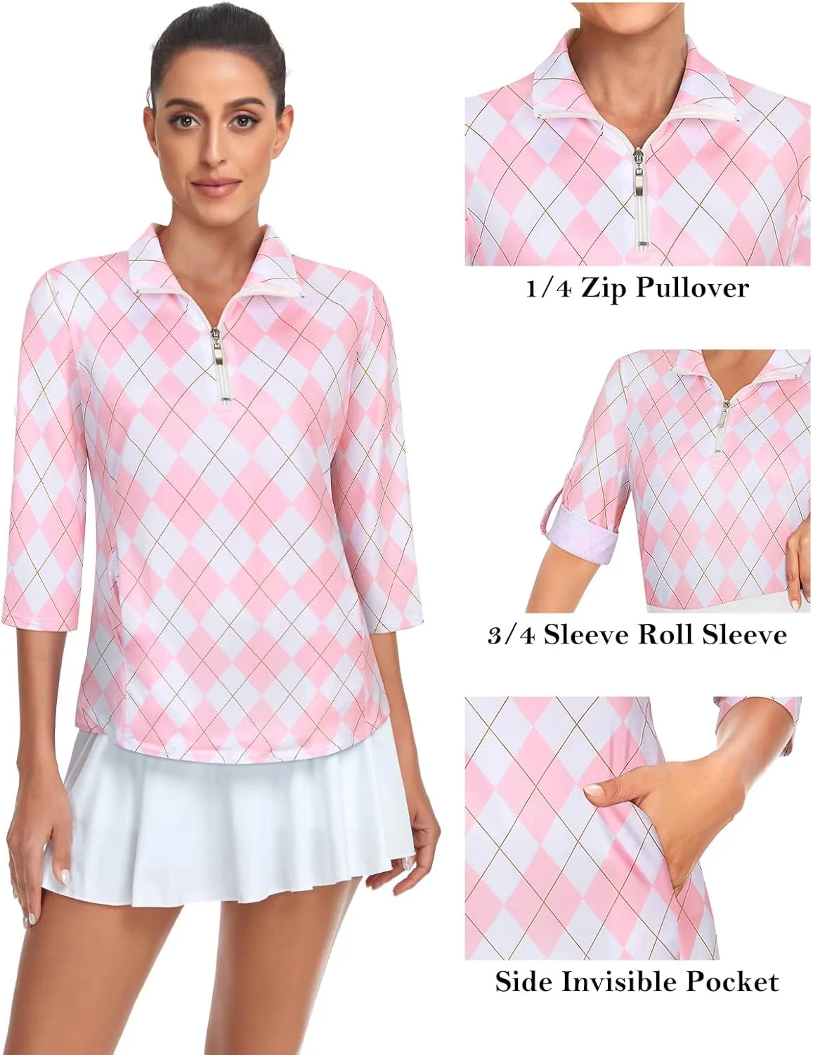 Tanst Sky Womens 3/4 Sleeve Golf Shirt Quick Dry Zip Up Workout Tennis Tops with Pockets