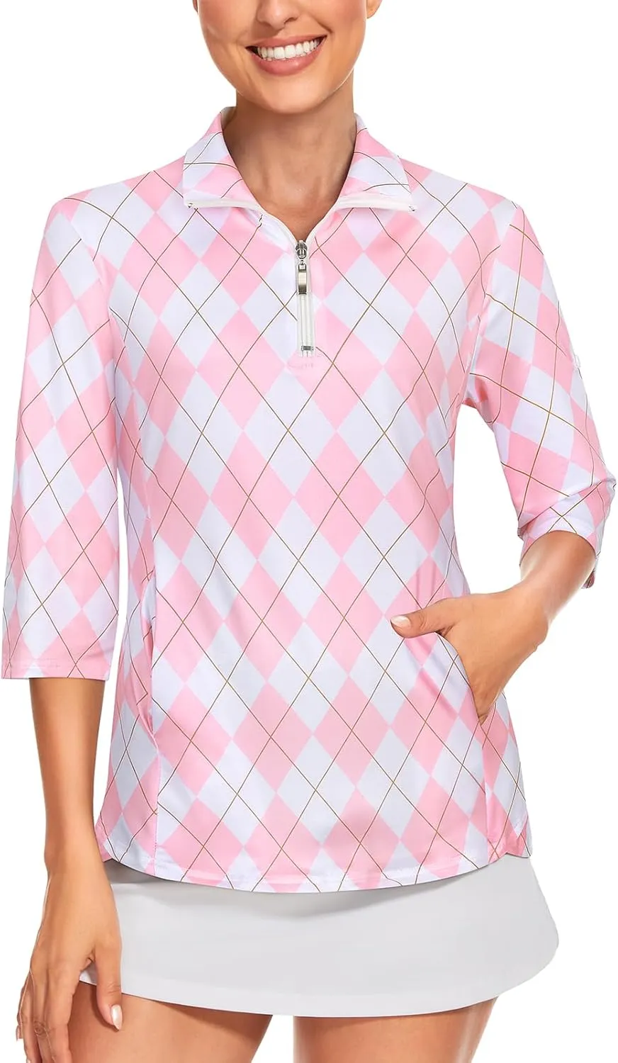 Tanst Sky Womens 3/4 Sleeve Golf Shirt Quick Dry Zip Up Workout Tennis Tops with Pockets
