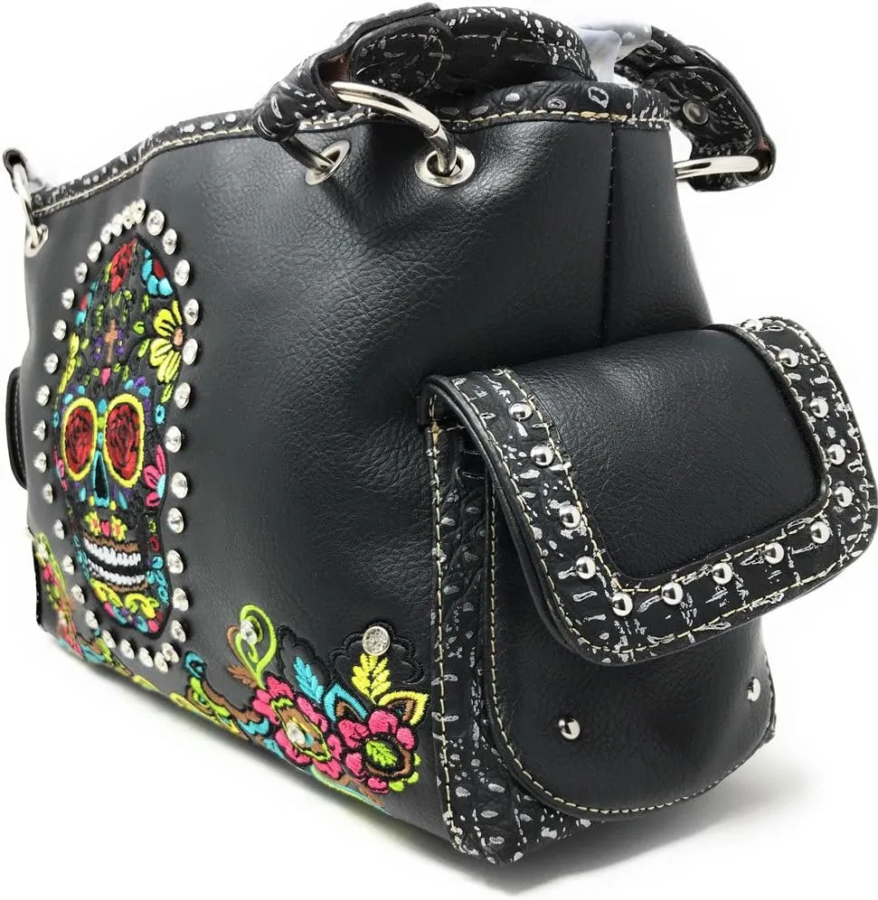 Texas West Women's Embroidered Flora Sugar Skull Purse Handbag and Clutch Wallet set in 4 colors