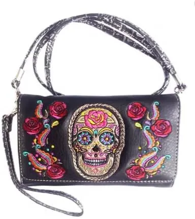 Texas West Women's Embroidered Flora Sugar Skull Purse Handbag and Clutch Wallet set in 4 colors
