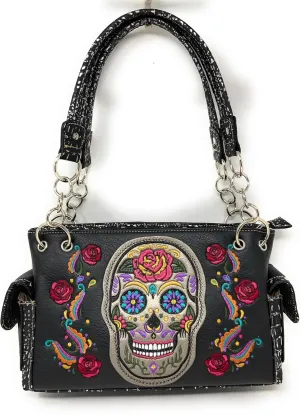 Texas West Women's Embroidered Flora Sugar Skull Purse Handbag and Clutch Wallet set in 4 colors