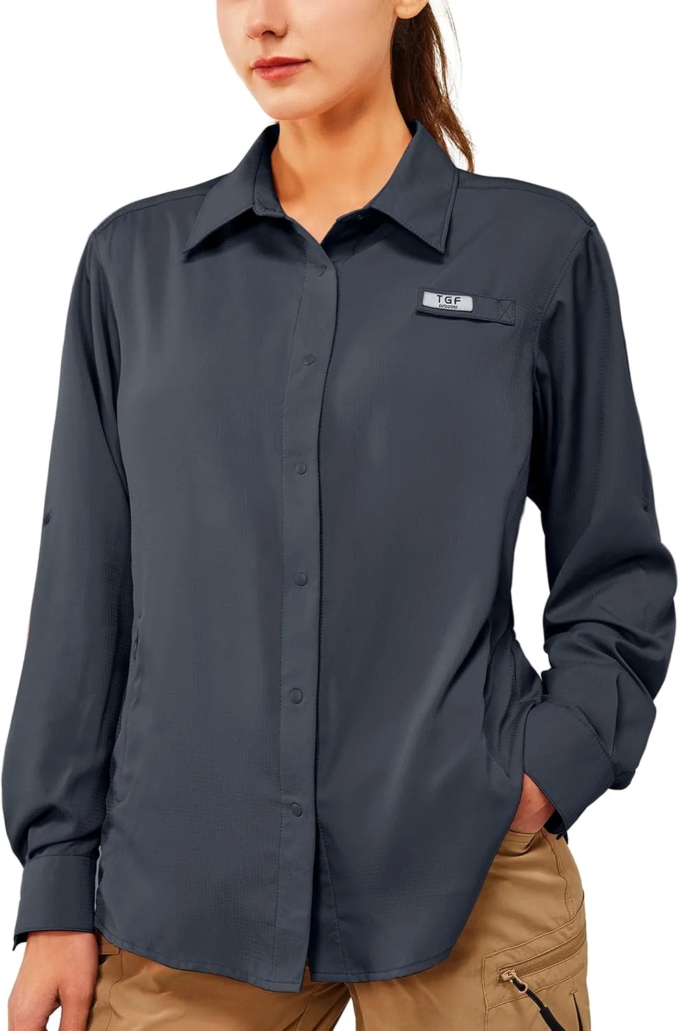 TGF Women's Sun Protection Fishing Shirts Long Sleeve Button Up Shirt with Zipper Pockets for Traveling Hiking Camping