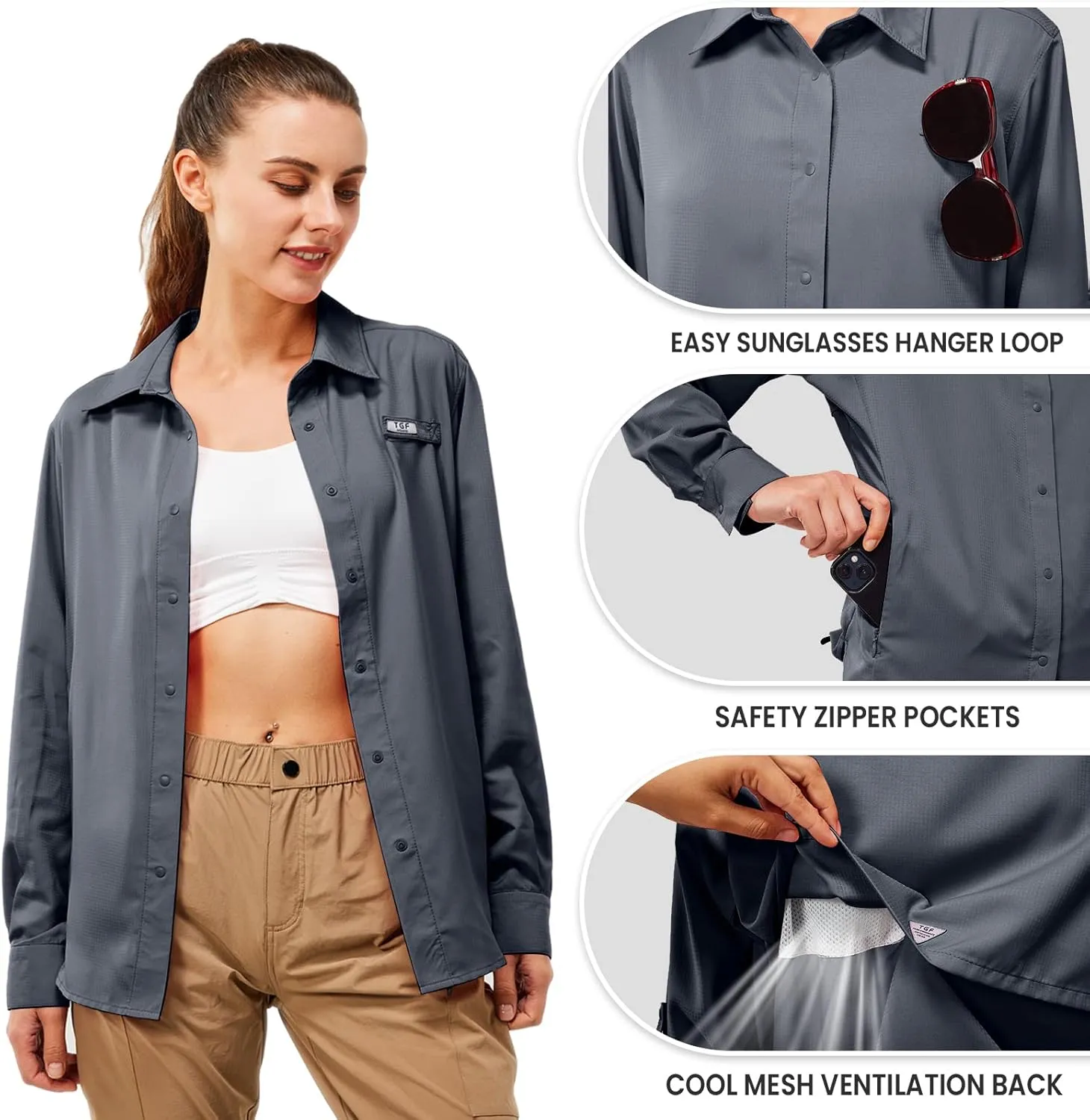 TGF Women's Sun Protection Fishing Shirts Long Sleeve Button Up Shirt with Zipper Pockets for Traveling Hiking Camping