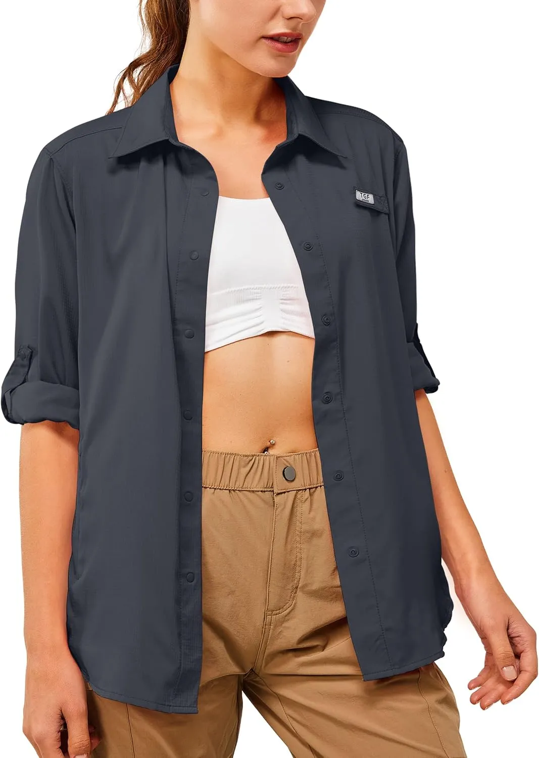 TGF Women's Sun Protection Fishing Shirts Long Sleeve Button Up Shirt with Zipper Pockets for Traveling Hiking Camping