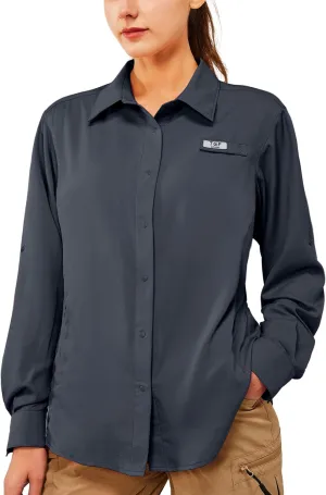 TGF Women's Sun Protection Fishing Shirts Long Sleeve Button Up Shirt with Zipper Pockets for Traveling Hiking Camping