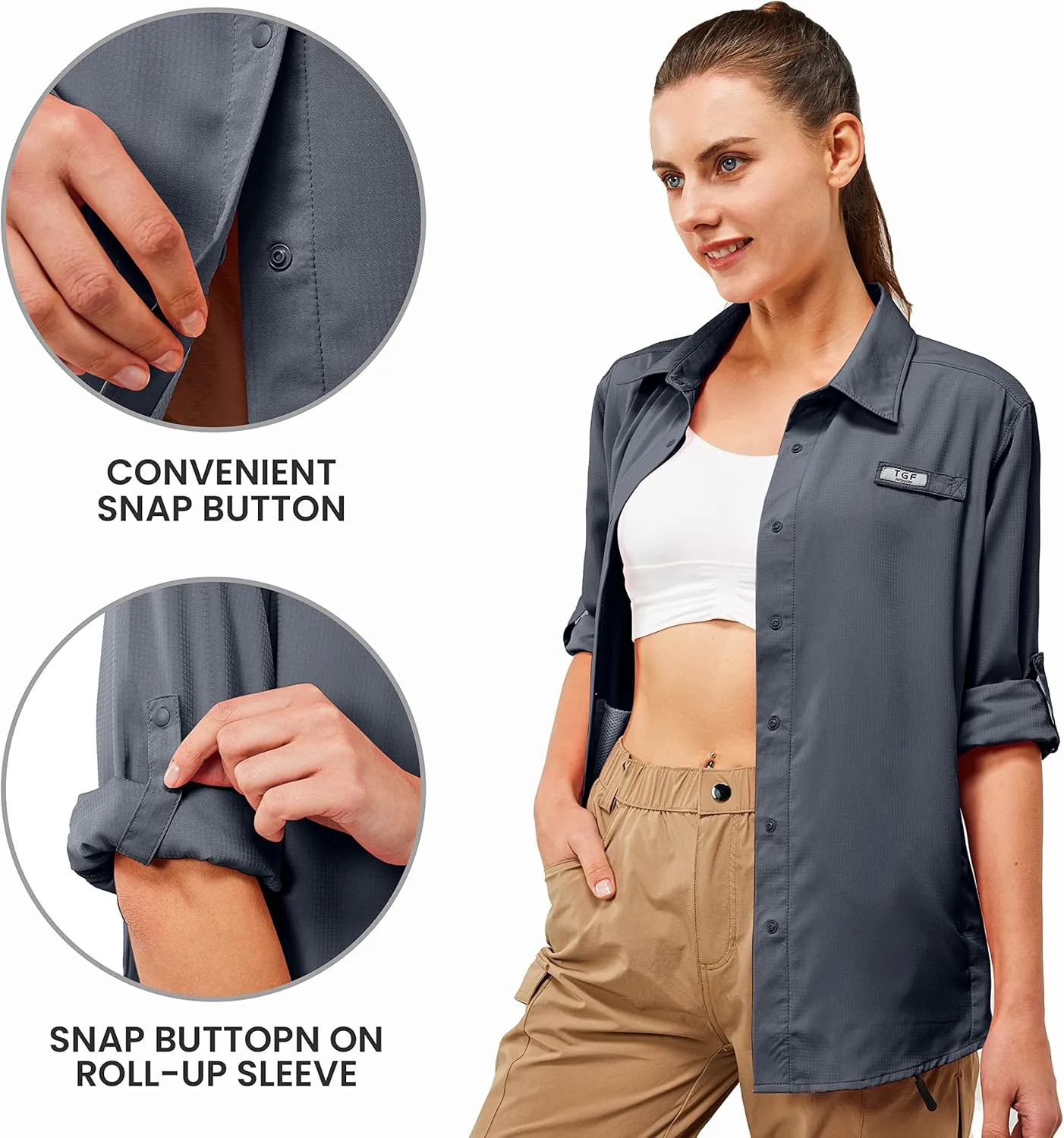 TGF Women's Sun Protection Fishing Shirts Long Sleeve Button Up Shirt with Zipper Pockets for Traveling Hiking Camping