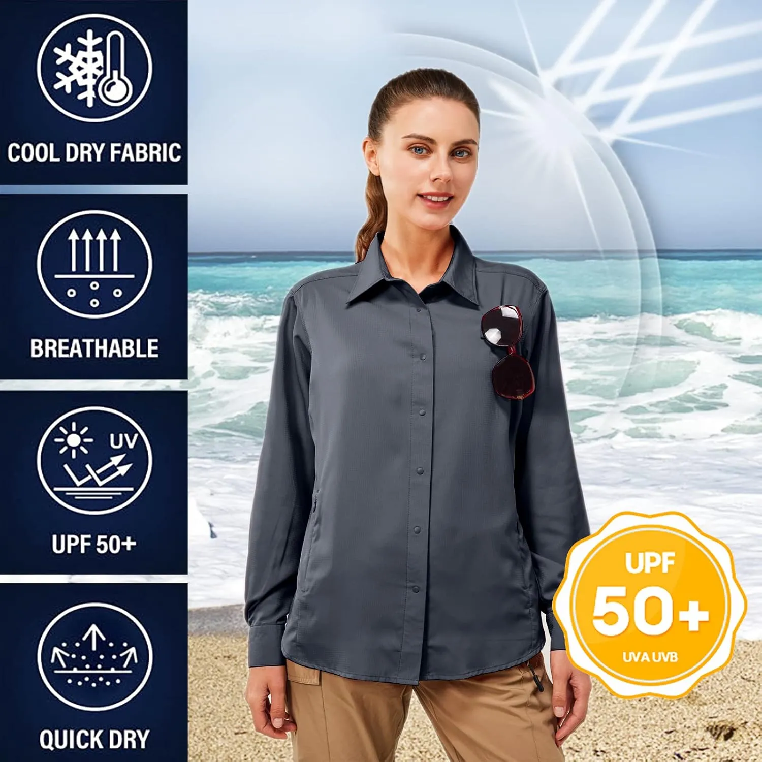 TGF Women's Sun Protection Fishing Shirts Long Sleeve Button Up Shirt with Zipper Pockets for Traveling Hiking Camping