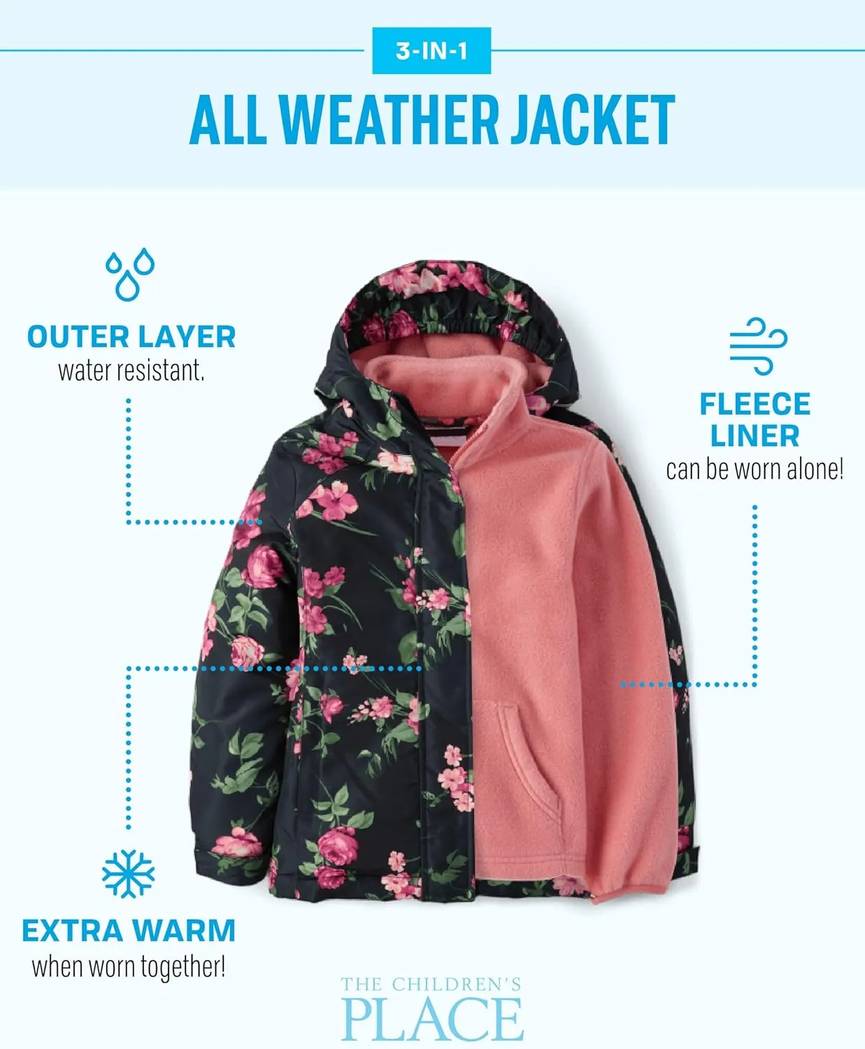 The Children's Place Baby Girls' and Toddler Heavy 3 in 1 Winter Jacket,Wind Water-Resistant Shell,Fleece Inner