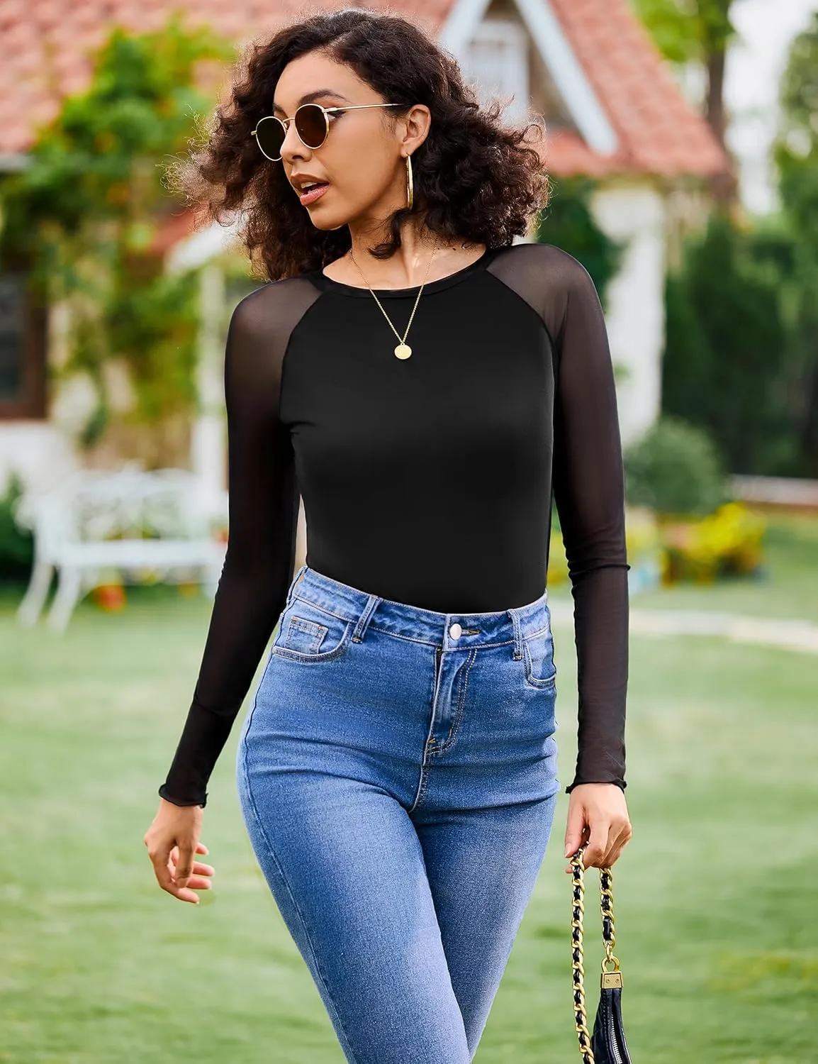 Totatuit Women Floral Mesh Long Sleeve Top Crewneck Double Lined Basic Shirts with Thumb Holes Going Out Tops