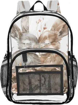Travel Clear Backpack Floral Cute Rabbit Kissing Bunny Girls Backpack for Kids Large Plastic Approved Bag
