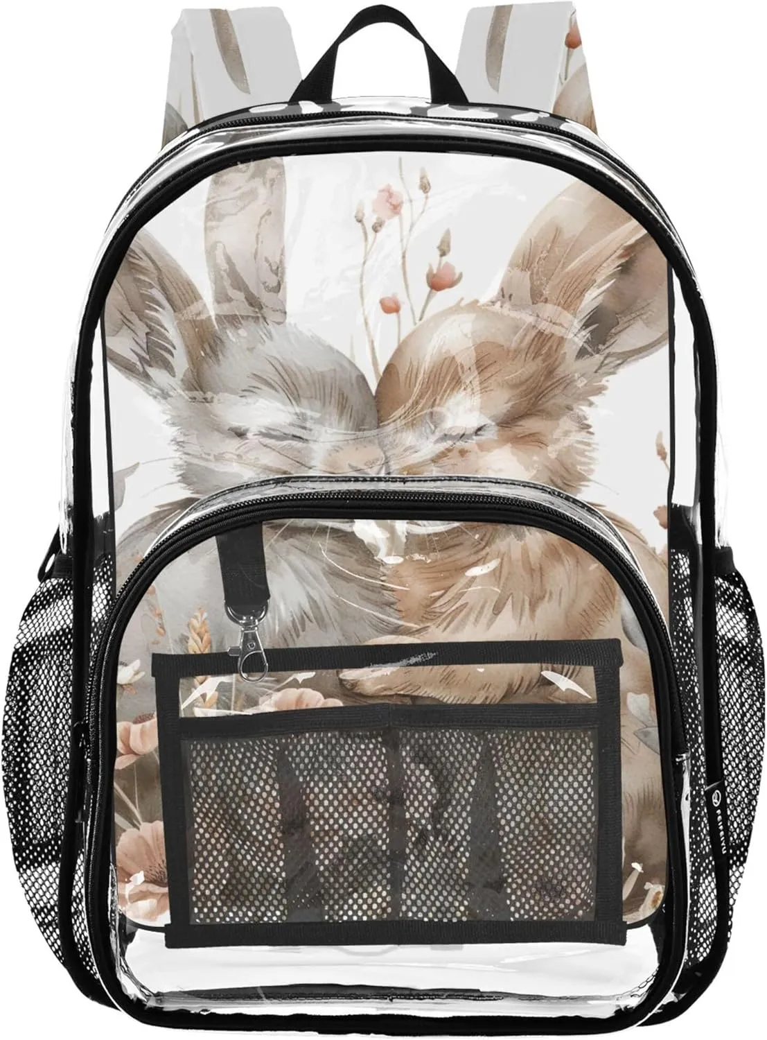 Travel Clear Backpack Floral Cute Rabbit Kissing Bunny Girls Backpack for Kids Large Plastic Approved Bag