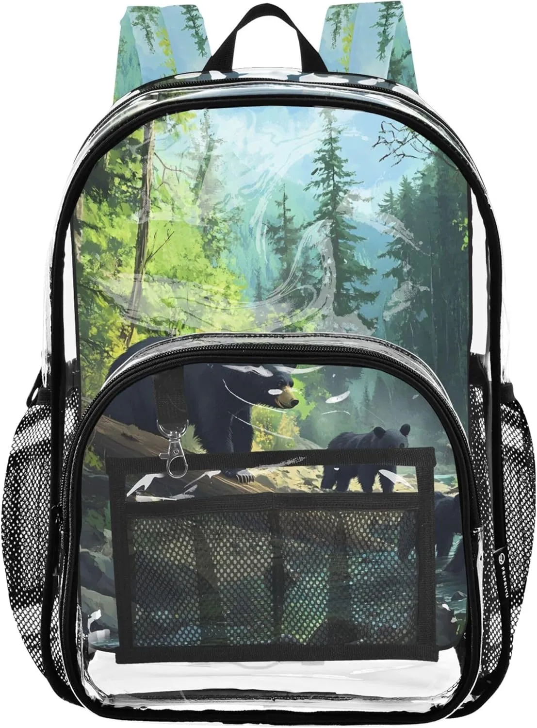 Travel Clear Backpack Floral Kids Backpack for Girls Pvc School Plastic Bookbag Wild Bear Family Forest Stream