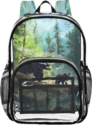 Travel Clear Backpack Floral Kids Backpack for Girls Pvc School Plastic Bookbag Wild Bear Family Forest Stream