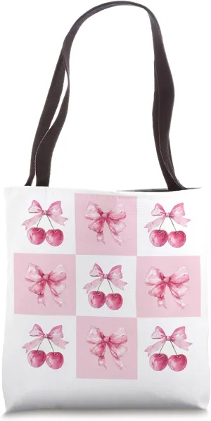 Trendy Girly Pink Cherry and Bow Coquette Aesthetic Pattern Tote Bag