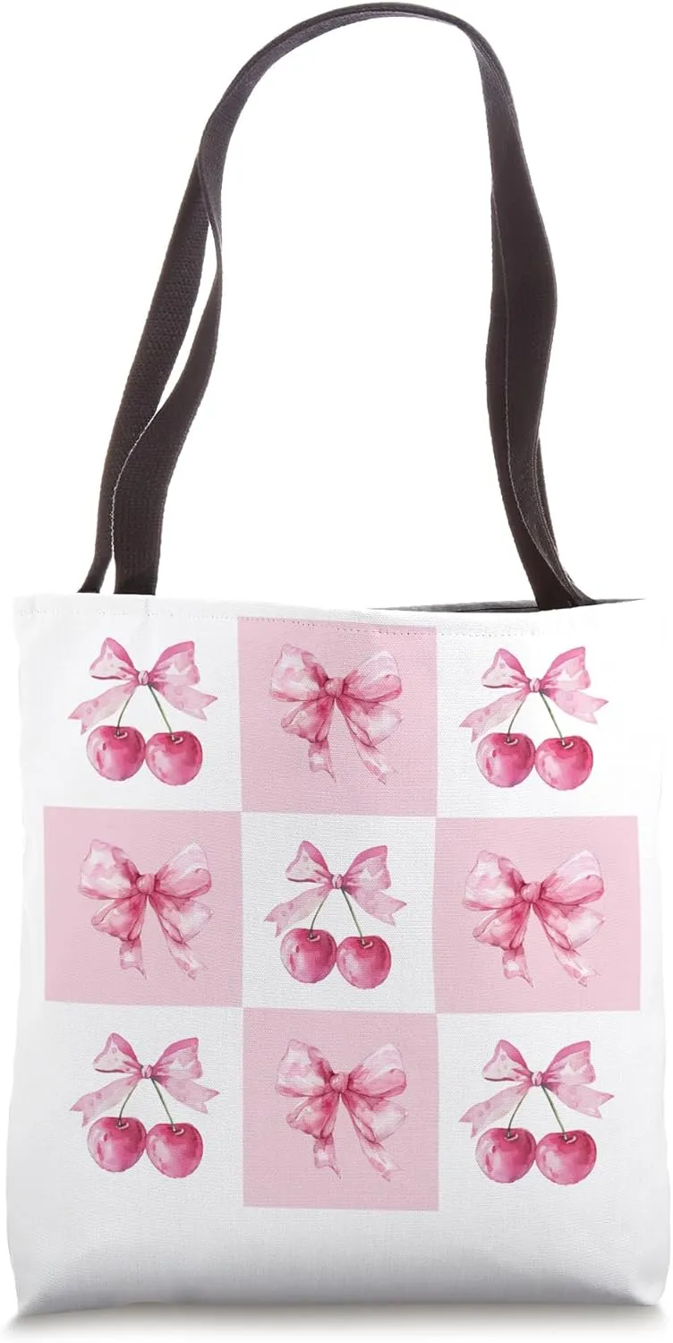 Trendy Girly Pink Cherry and Bow Coquette Aesthetic Pattern Tote Bag