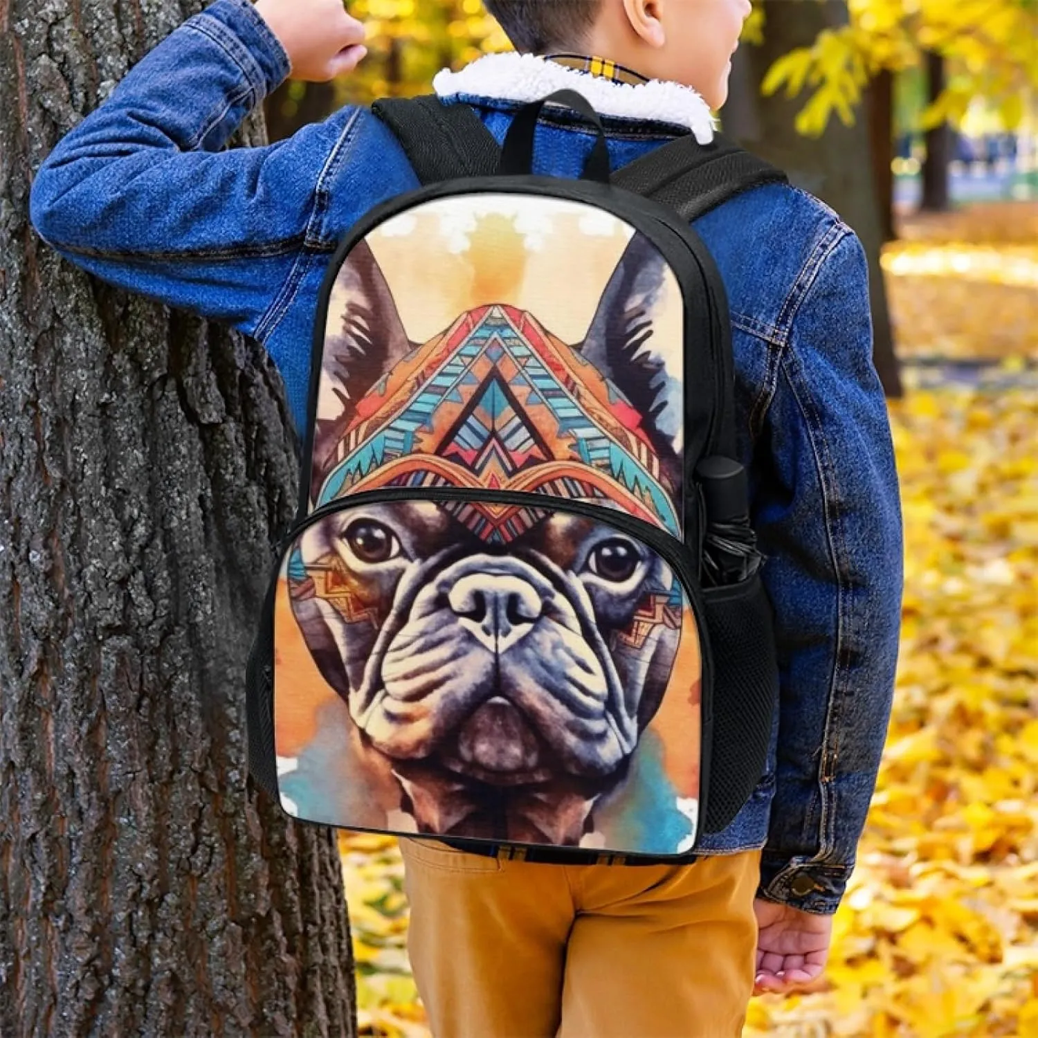 Tribal French Bulldog Backpack Umbrella Holder Bohemia Ethnic Dog School Bag 17 inch Primary Kawaii Puppy Backpack Pupils Satchel Young Kids Teens Book Bags