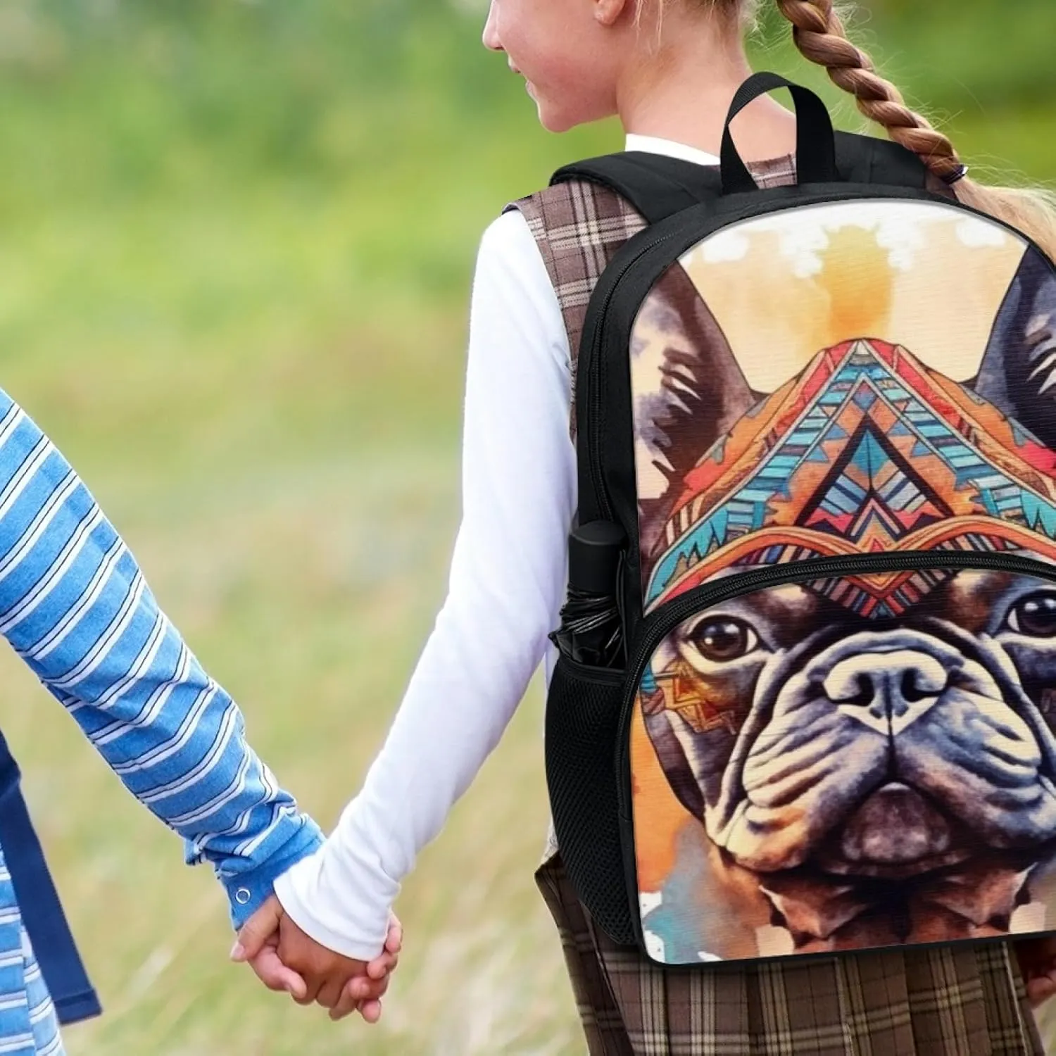 Tribal French Bulldog Backpack Umbrella Holder Bohemia Ethnic Dog School Bag 17 inch Primary Kawaii Puppy Backpack Pupils Satchel Young Kids Teens Book Bags