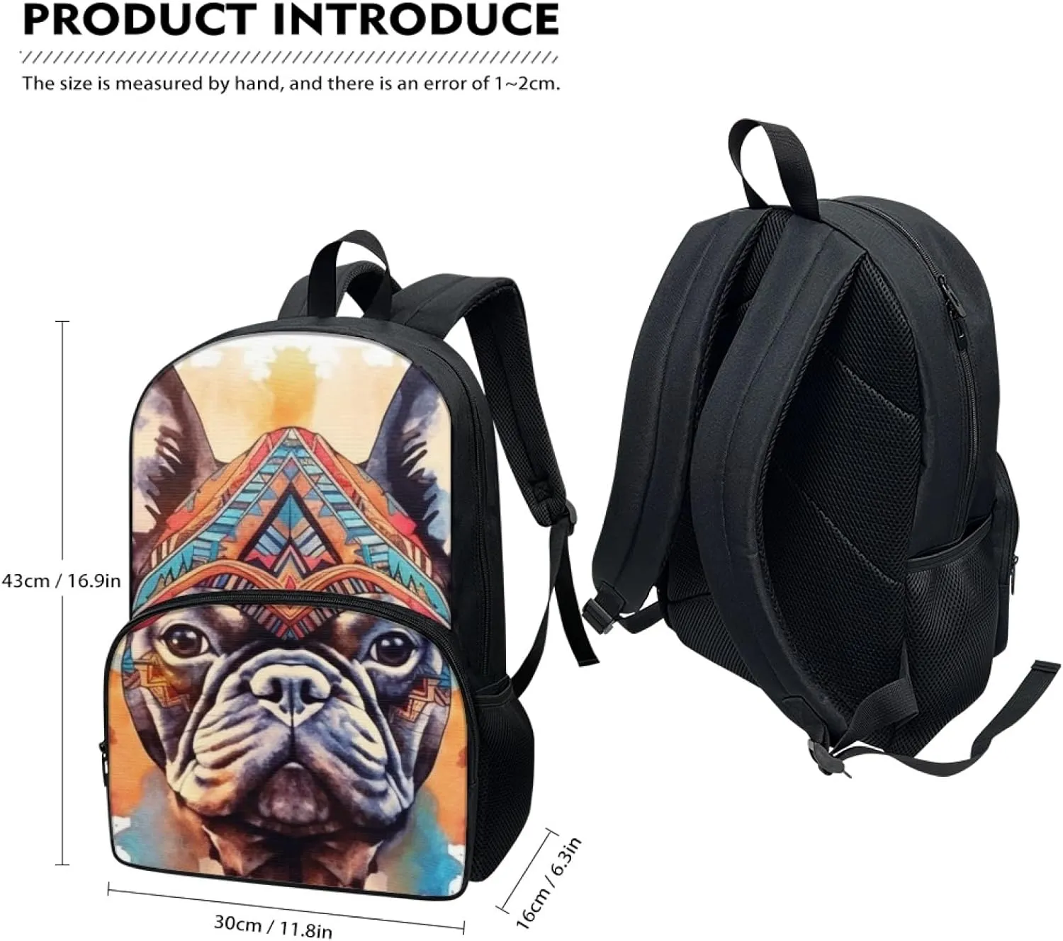 Tribal French Bulldog Backpack Umbrella Holder Bohemia Ethnic Dog School Bag 17 inch Primary Kawaii Puppy Backpack Pupils Satchel Young Kids Teens Book Bags