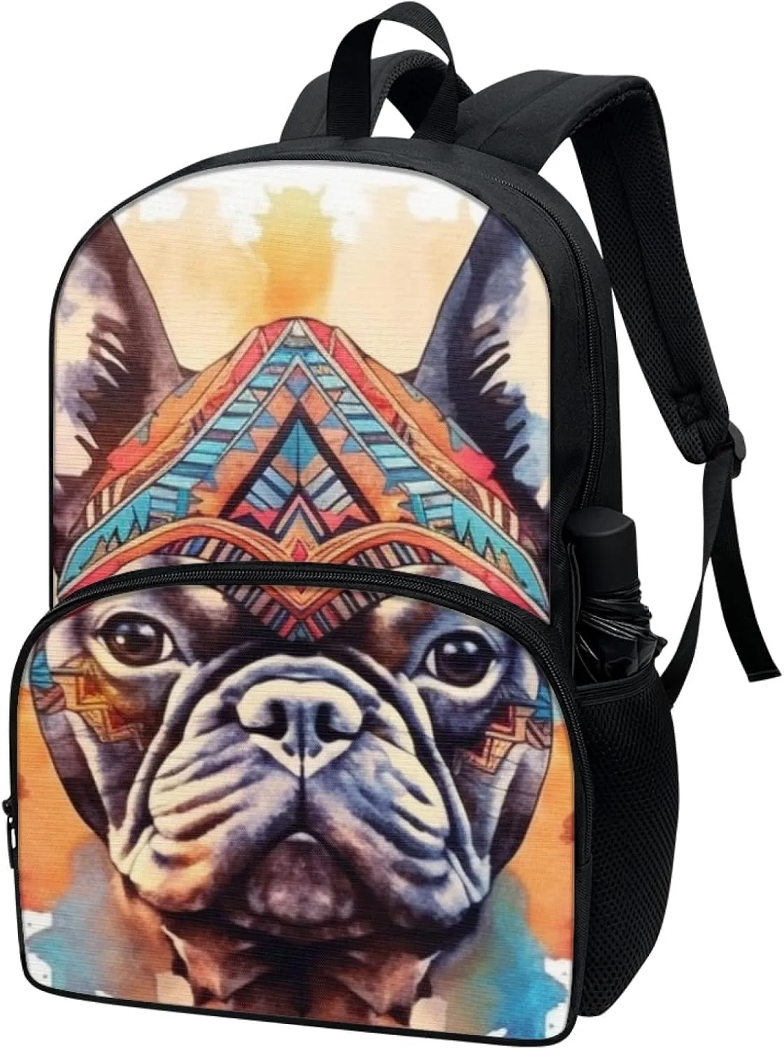 Tribal French Bulldog Backpack Umbrella Holder Bohemia Ethnic Dog School Bag 17 inch Primary Kawaii Puppy Backpack Pupils Satchel Young Kids Teens Book Bags