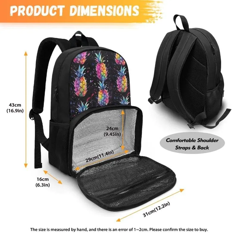 Tropic Pineapple Print Carry On Backpack and Lunch Bag Colorful Fruit Pineapples Pattern Lady Insulated Cooler Backpack 2 in 1 Casual Backpack, Black