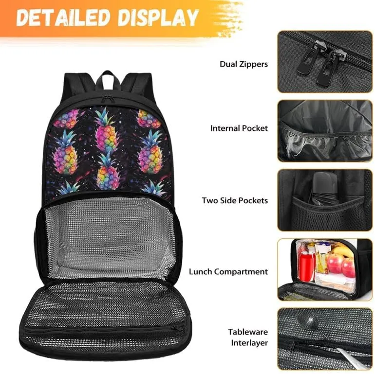 Tropic Pineapple Print Carry On Backpack and Lunch Bag Colorful Fruit Pineapples Pattern Lady Insulated Cooler Backpack 2 in 1 Casual Backpack, Black
