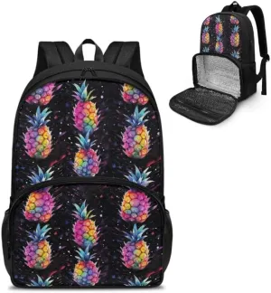 Tropic Pineapple Print Carry On Backpack and Lunch Bag Colorful Fruit Pineapples Pattern Lady Insulated Cooler Backpack 2 in 1 Casual Backpack, Black