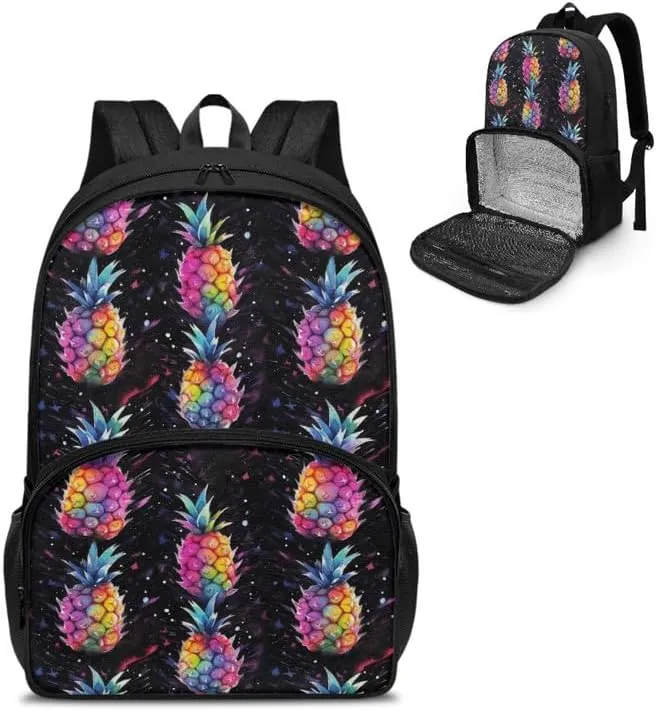 Tropic Pineapple Print Carry On Backpack and Lunch Bag Colorful Fruit Pineapples Pattern Lady Insulated Cooler Backpack 2 in 1 Casual Backpack, Black