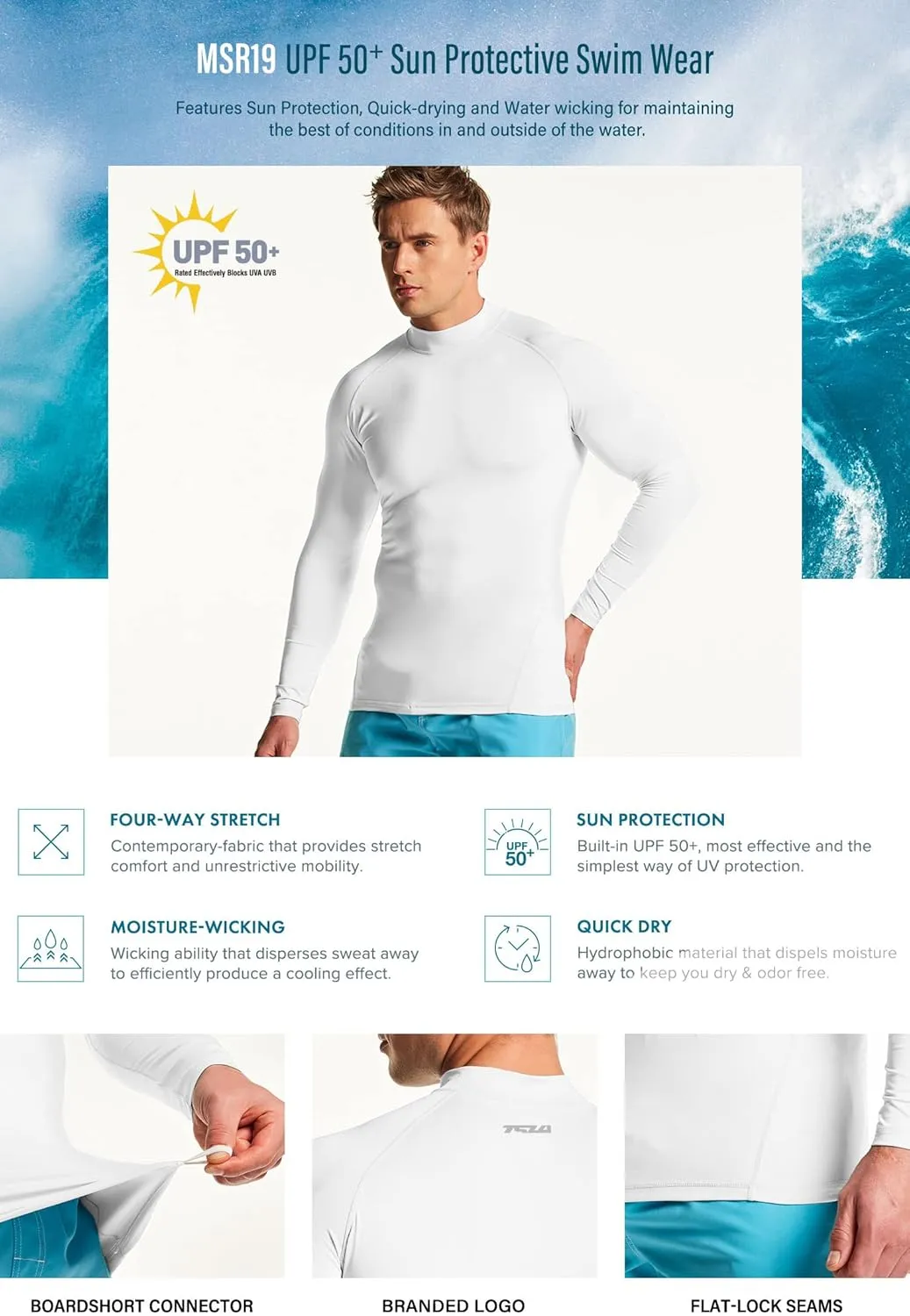 TSLA Men's UPF 50  Long Sleeve Rash Guard, UV/SPF Quick Dry Swim Shirt, Water Surf Swimming Shirts