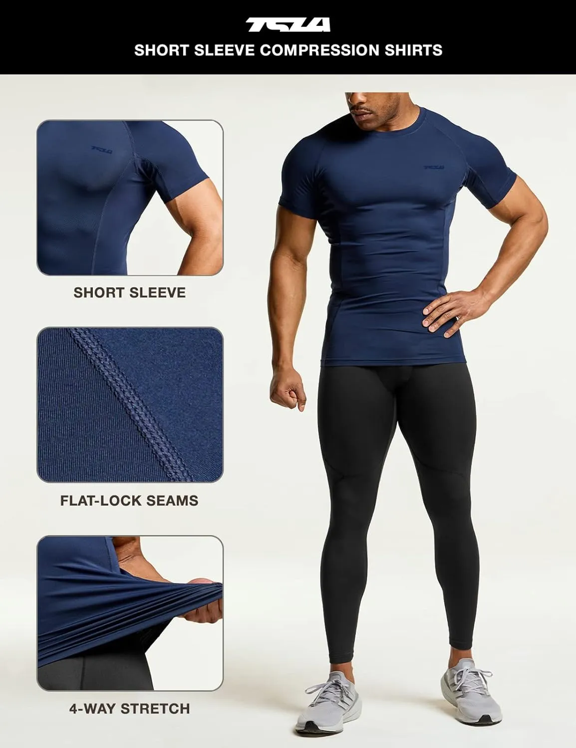 TSLA Men's UPF 50  Quick Dry Short Sleeve Compression Shirts, Athletic Workout Shirt, Water Sports Rash Guard