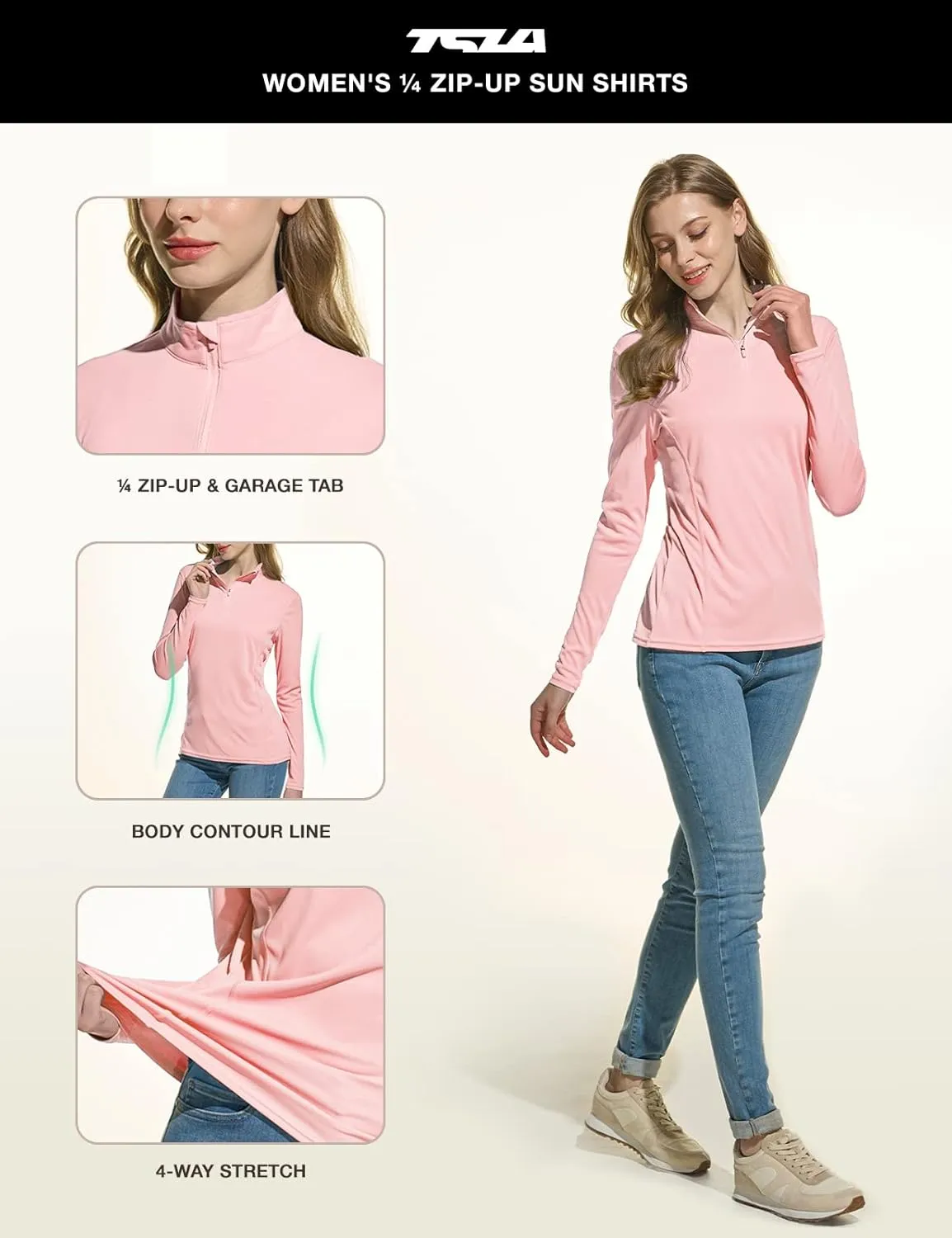 TSLA Women's Quarter Zip Pullover Running Shirts, Quick Dry Long Sleeve Workout Top, Lightweight Athletic T-Shirt