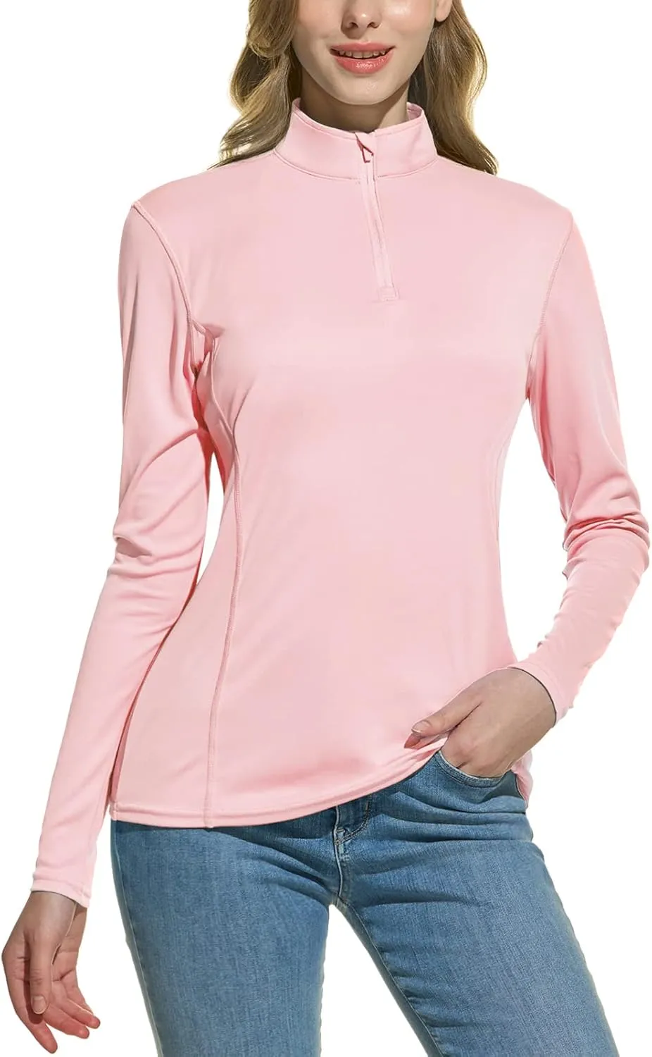 TSLA Women's Quarter Zip Pullover Running Shirts, Quick Dry Long Sleeve Workout Top, Lightweight Athletic T-Shirt