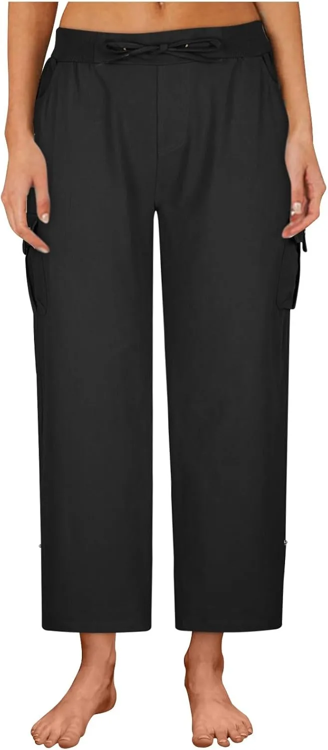 Tummy Control Pants for Women Elastic Waist Casual Summer Trousers Skinny Baggy = Lightweight Cargo Pants with Pockets