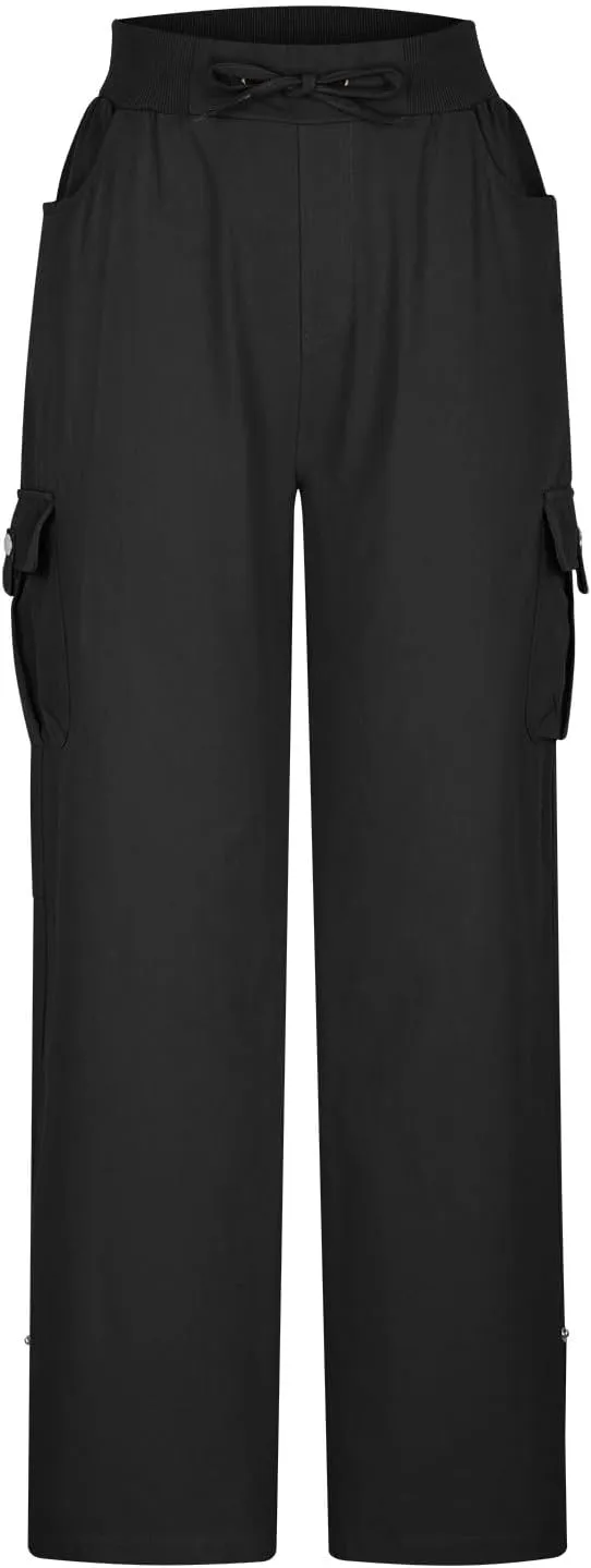 Tummy Control Pants for Women Elastic Waist Casual Summer Trousers Skinny Baggy = Lightweight Cargo Pants with Pockets