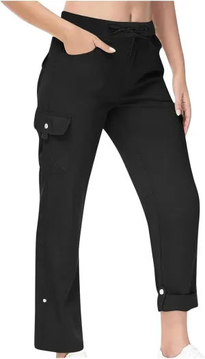 Tummy Control Pants for Women Elastic Waist Casual Summer Trousers Skinny Baggy = Lightweight Cargo Pants with Pockets