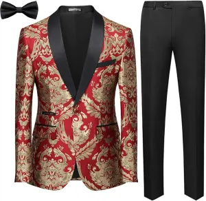 UNINUKOO Men's Suit 2 Piece Floral Paisley Regular Fit Tuxedo Suits for Men Dinner Party Jacket Pants Set