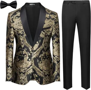 UNINUKOO Men's Suit 2 Piece Floral Paisley Regular Fit Tuxedo Suits for Men Dinner Party Jacket Pants Set