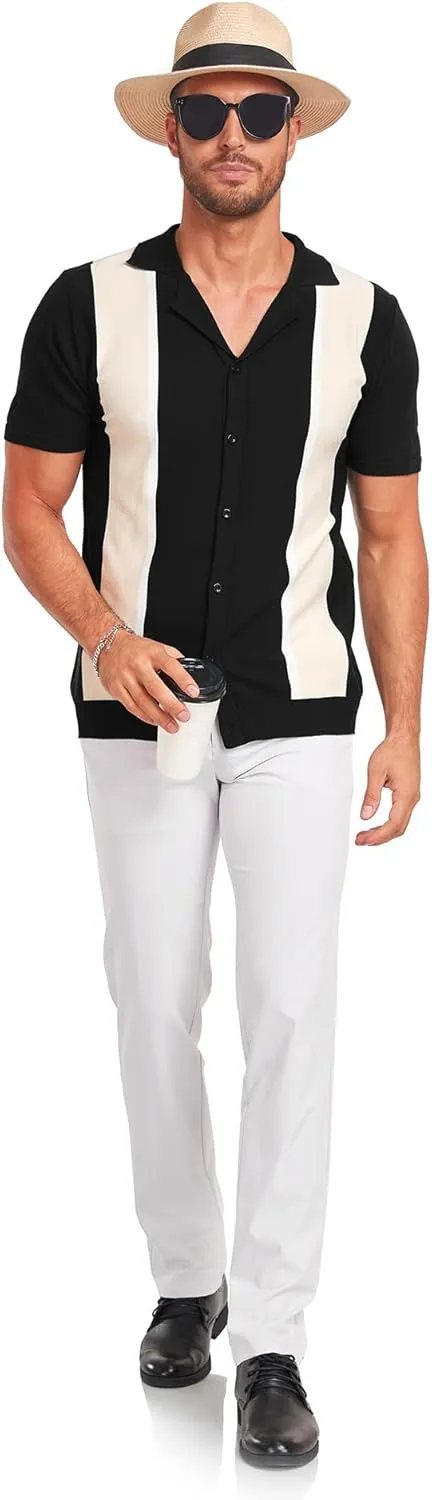 V VALANCH Men's Long/Short Sleeve Knitted Shirts Button Down Vintage Vercital Stripe Camp Collar Polo Shirt