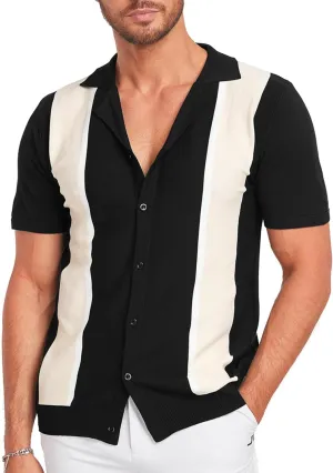 V VALANCH Men's Long/Short Sleeve Knitted Shirts Button Down Vintage Vercital Stripe Camp Collar Polo Shirt