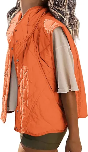 Veatzaer Womens Puffer Vest Cropped Quilted Stand Collar Lightweight Jacket Sleeveless Button Down Tops