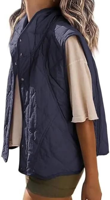 Veatzaer Womens Puffer Vest Cropped Quilted Stand Collar Lightweight Jacket Sleeveless Button Down Tops