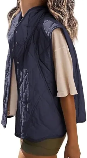 Veatzaer Womens Puffer Vest Cropped Quilted Stand Collar Lightweight Jacket Sleeveless Button Down Tops