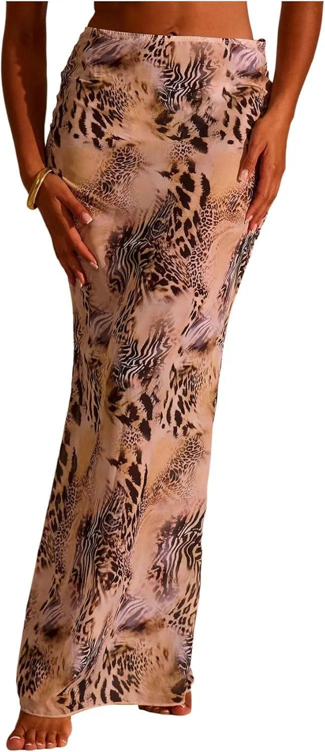 Verdusa Women's Animal Print Fishtail Bodycon Skirt High Rise Maxi Skirts