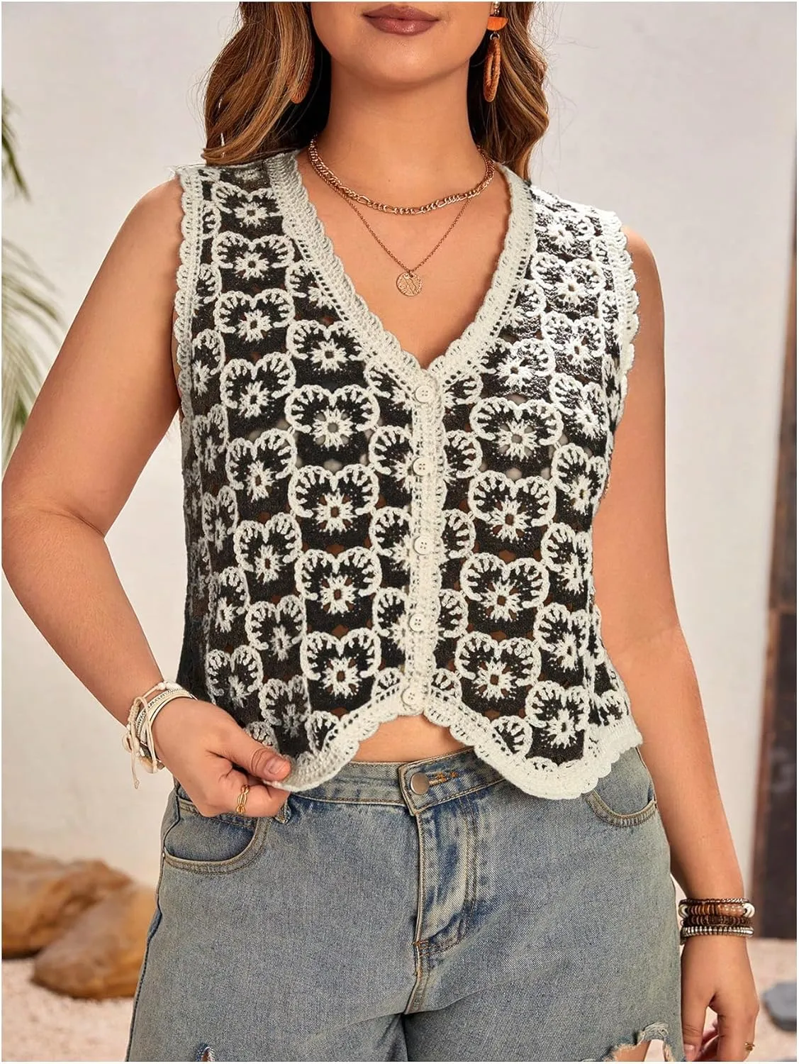 Verdusa Women's Plus Size Button Front V Neck Crochet Sweater Vest Sleeveless Knit Tops